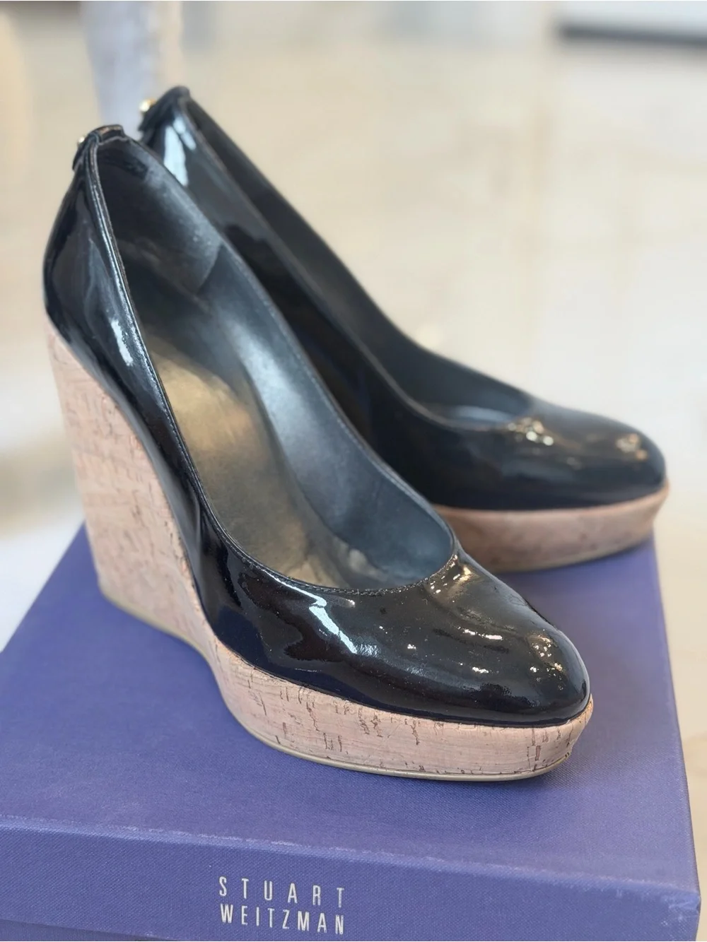 Stewart Weitzman Patent Black Cork Wedge Pumps size 7 - Picture 2 of 4